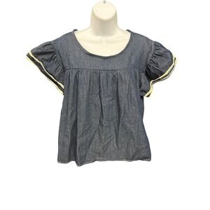 Hello Fashion Denim Blue Short Sleeve Ruffle Trim Top Women's Large